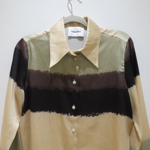 NANUSHKA Mandine Satin Shirt Watercolor Neutral Medium Minimalist Old Money - Picture 4 of 16